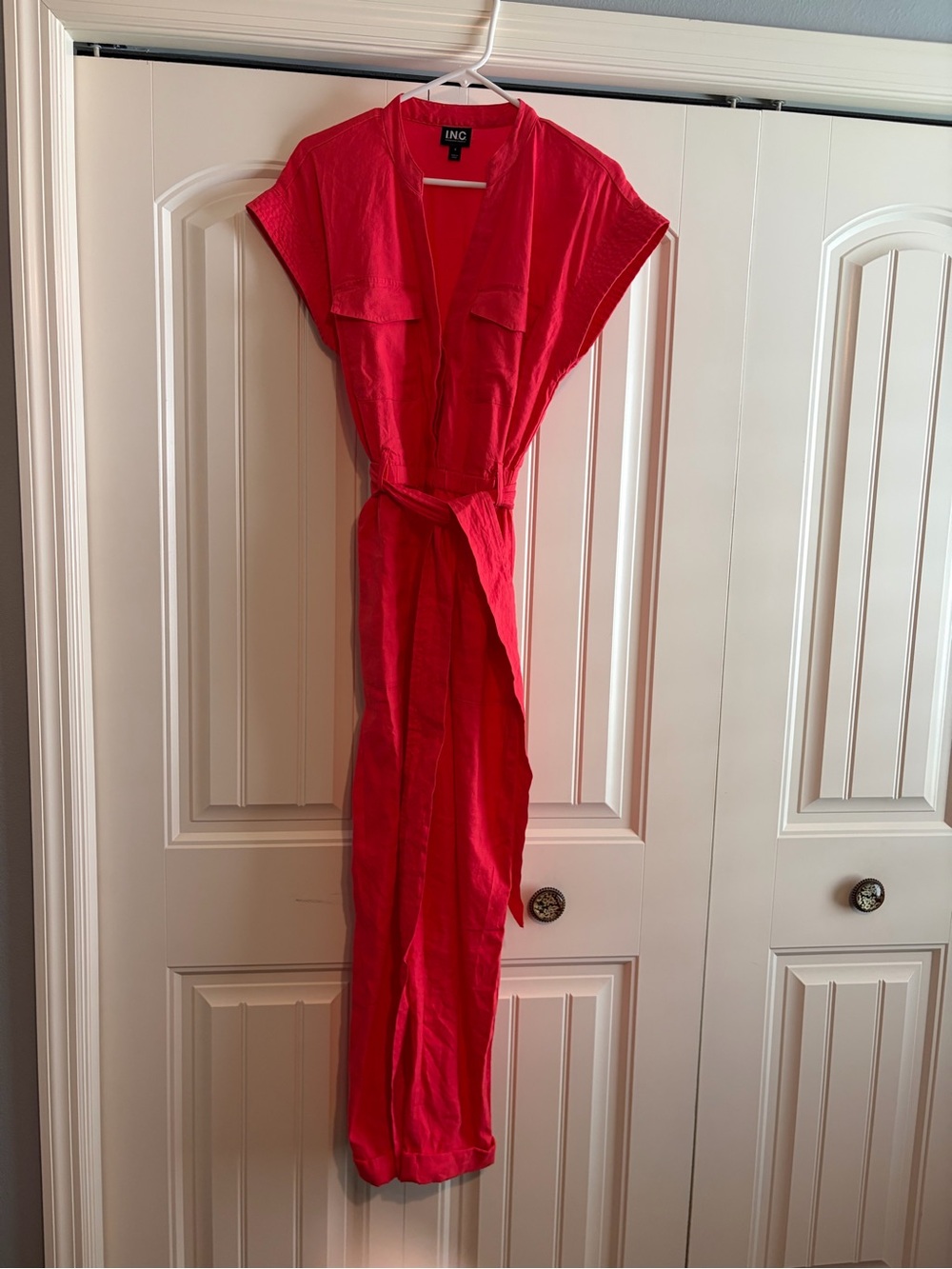 INC International Concepts Bright Red Short-Sleeve Jumpsuit with Waist Tie